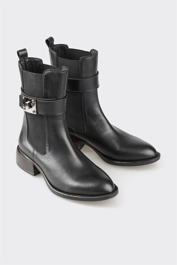 Siyah deri metal tokalı kadın bot, klasik stil için - Elle Shoes
