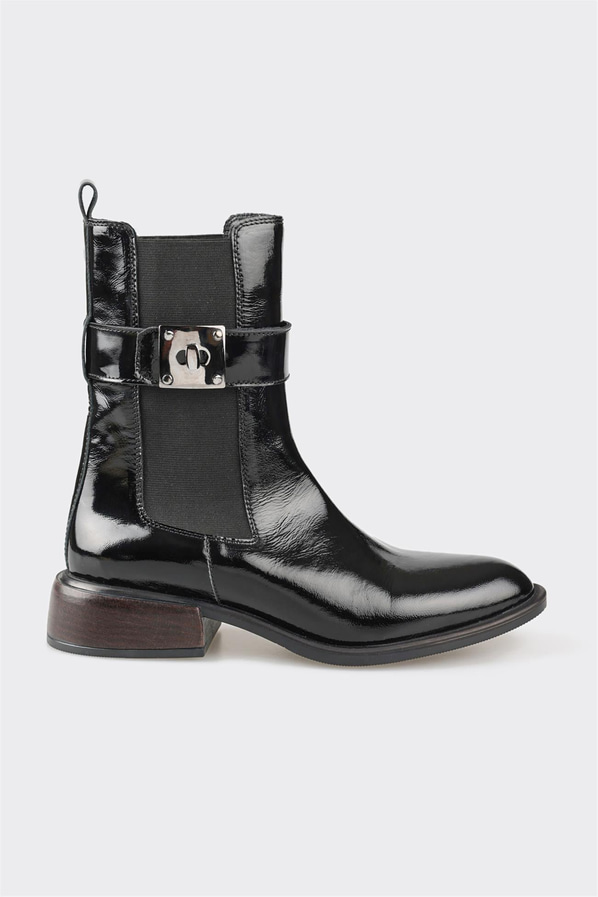Siyah deri metal tokalı kadın bot, klasik stil için - Elle Shoes