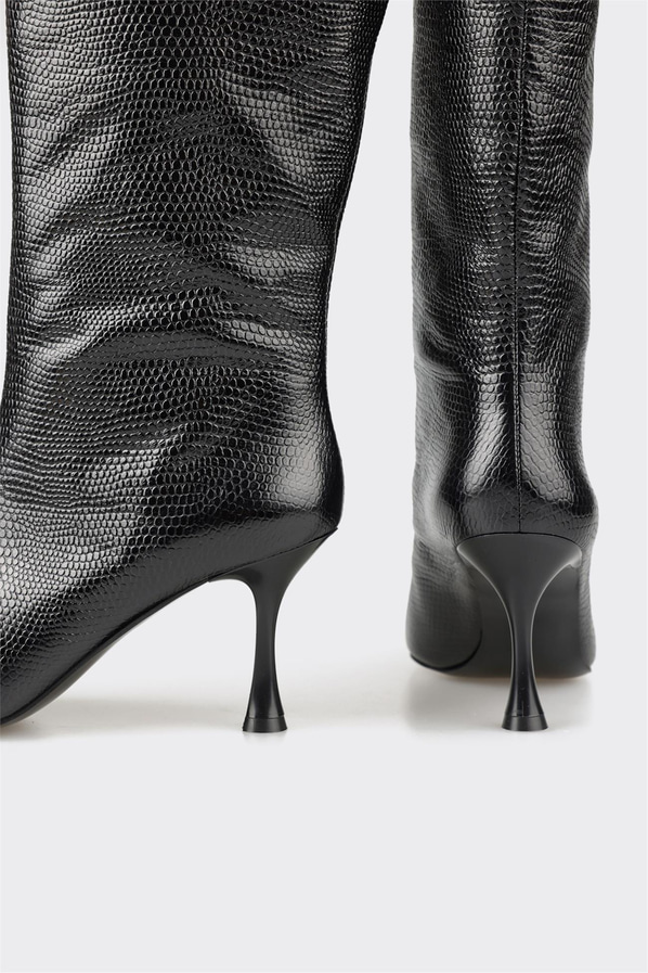 Siyah deri ince topuklu kadın bot, rahat kullanım için - Elle Shoes