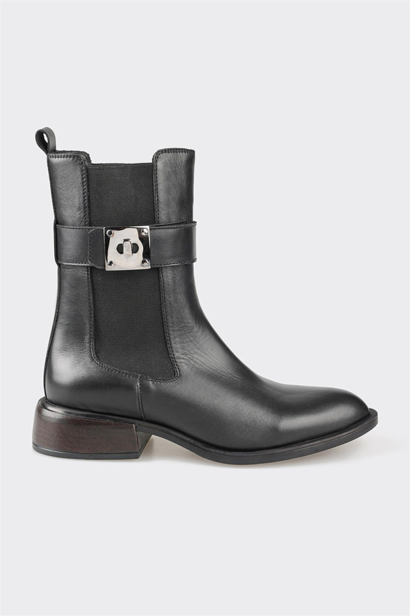 Siyah deri metal tokalı kadın bot, klasik stil için - Elle Shoes