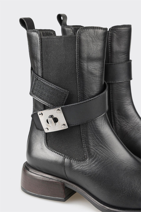 Siyah deri metal tokalı kadın bot, klasik stil için - Elle Shoes