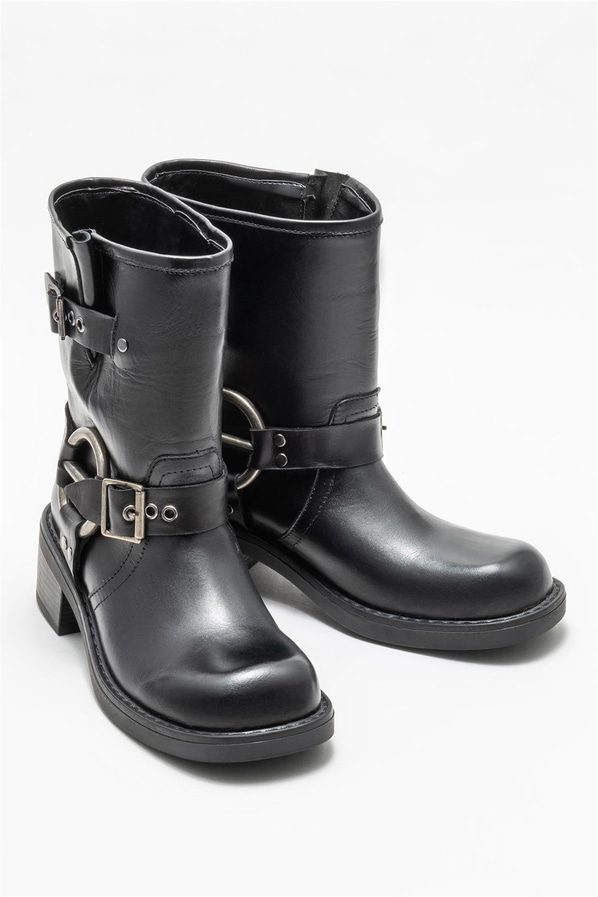 Siyah deri düz kadın bot, klasik stil için - Elle Shoes
