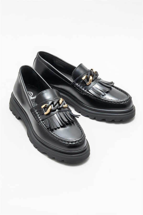 Siyah deri kadın loafer - Elle Shoes