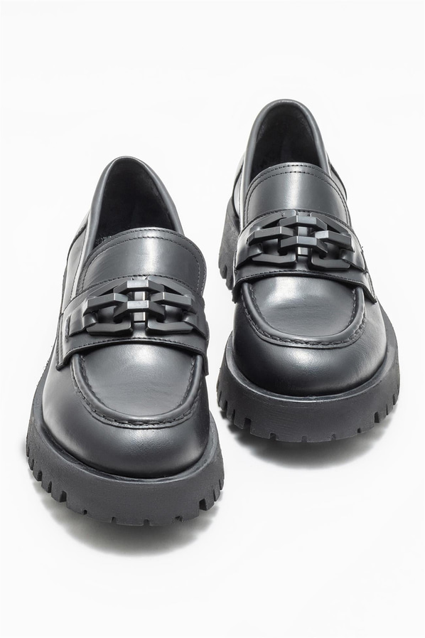 Siyah deri kadın loafer - Elle Shoes