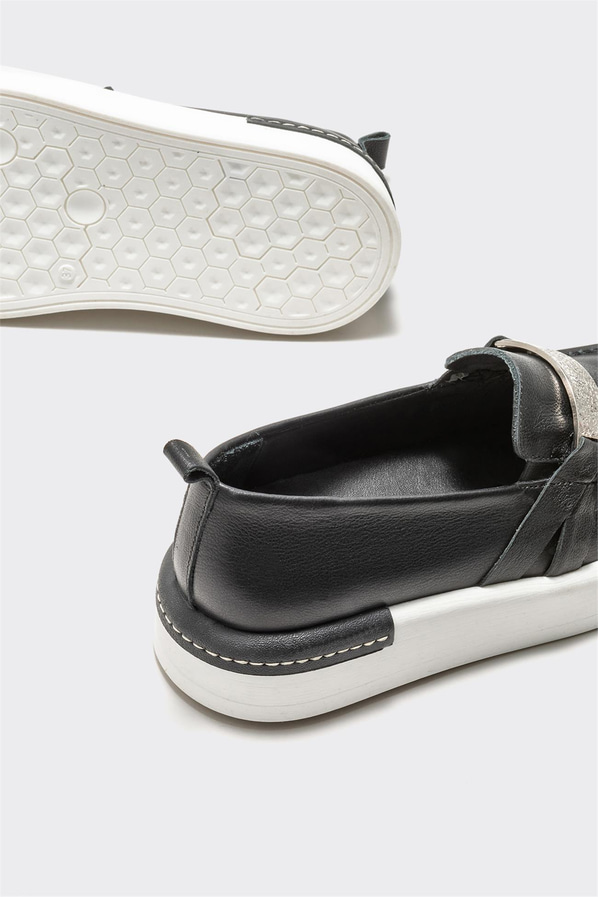 Siyah deri kadın loafer - Elle Shoes