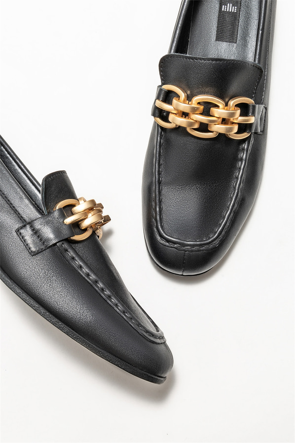 Siyah deri kadın loafer - Elle Shoes
