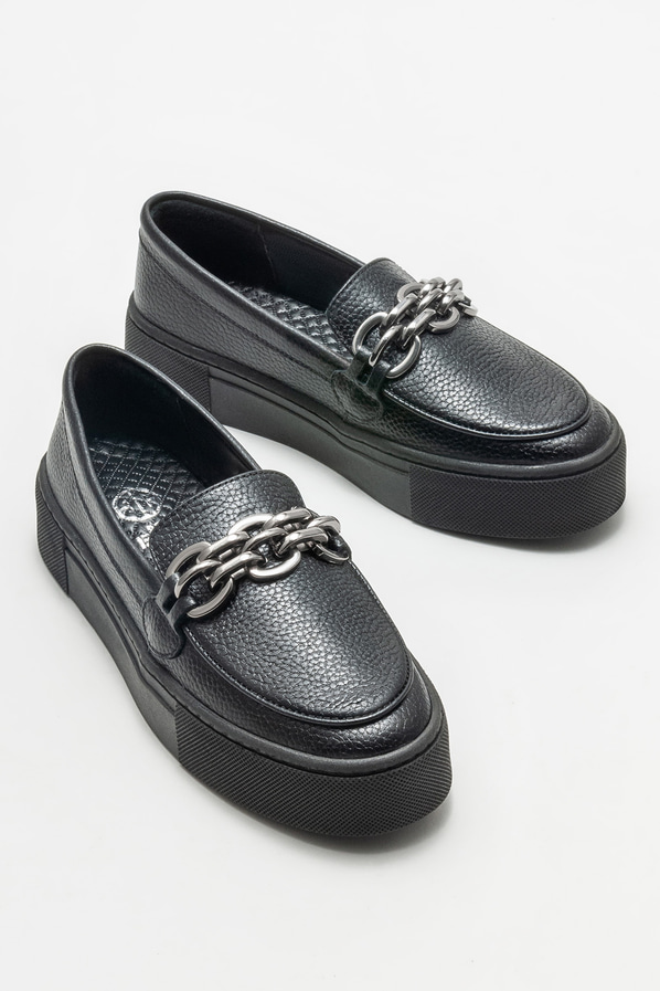 Siyah deri kadın loafer - Elle Shoes