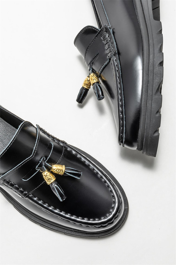 Siyah deri kadın loafer - Elle Shoes