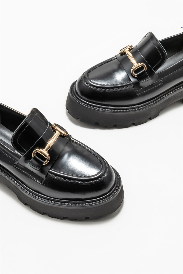 Siyah deri kadın loafer - Elle Shoes