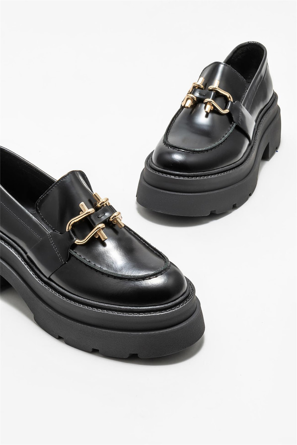 Siyah deri kadın loafer - Elle Shoes