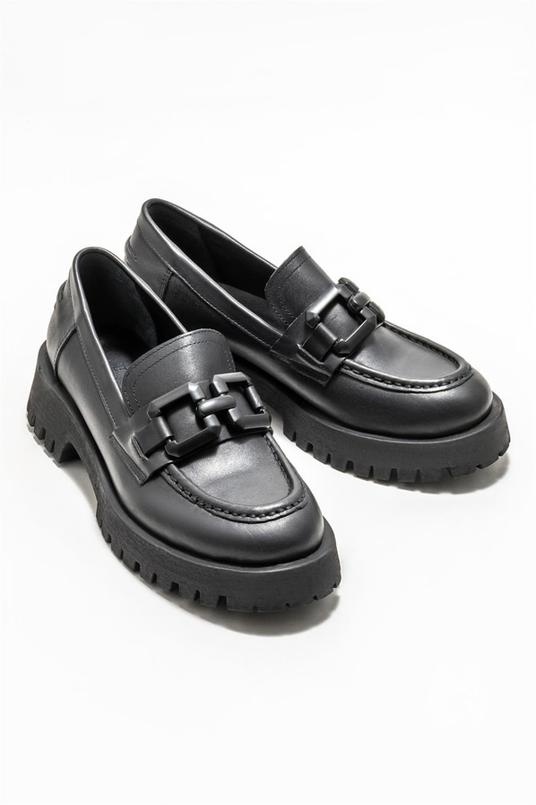 Siyah deri kadın loafer - Elle Shoes