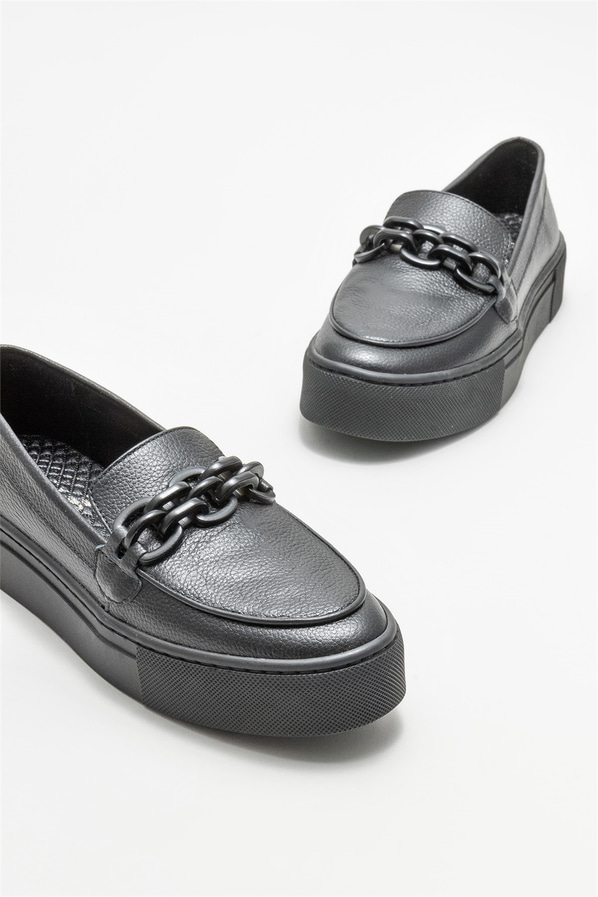 Siyah deri kadın loafer - Elle Shoes