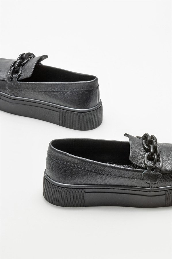 Siyah deri kadın loafer - Elle Shoes