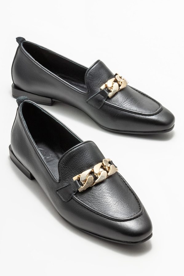 Siyah deri kadın loafer - Elle Shoes