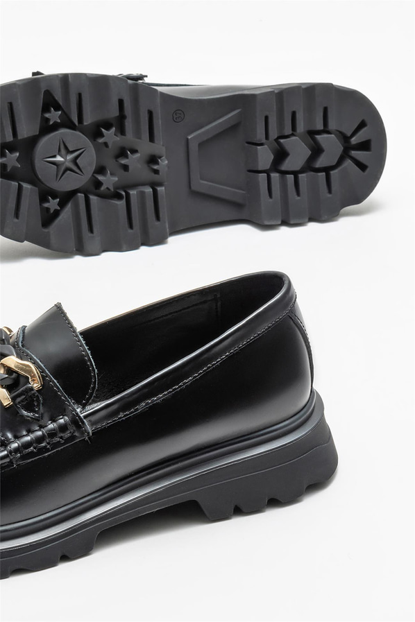 Siyah deri kadın loafer - Elle Shoes