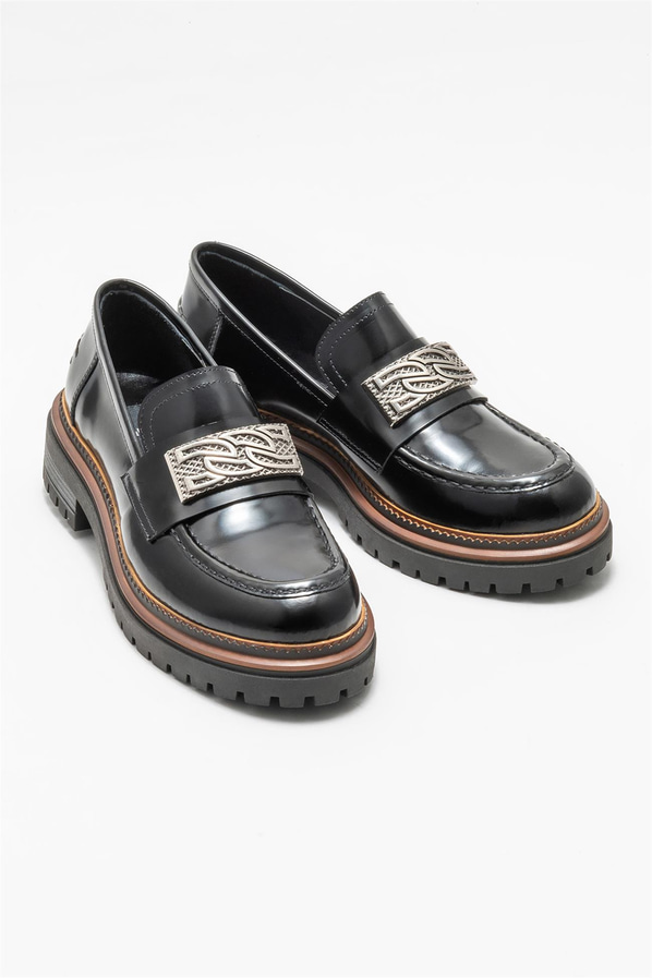 Siyah deri kadın loafer - Elle Shoes
