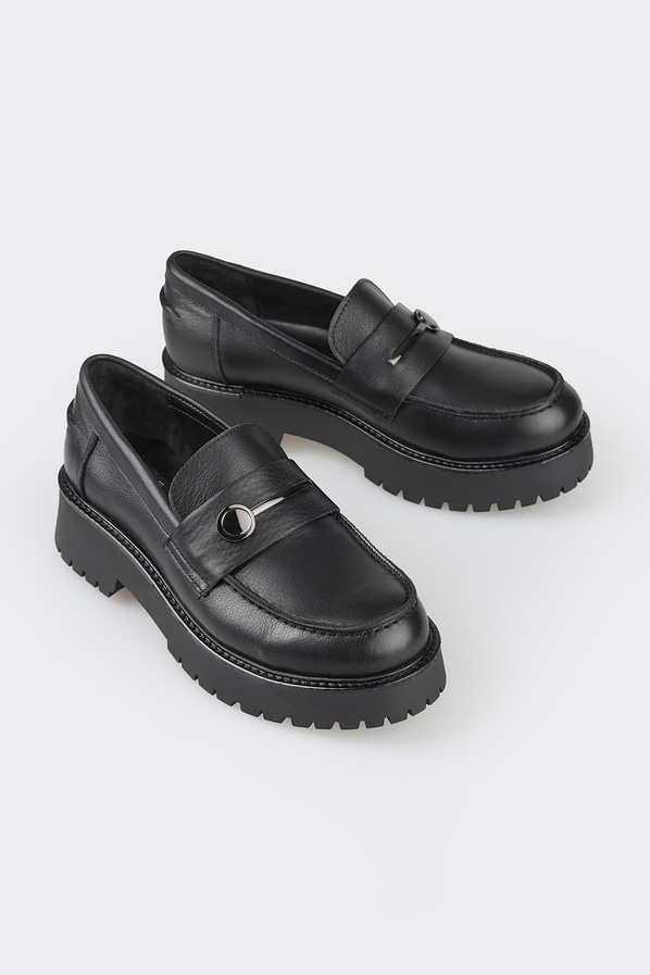Siyah deri kadın loafer - Elle Shoes