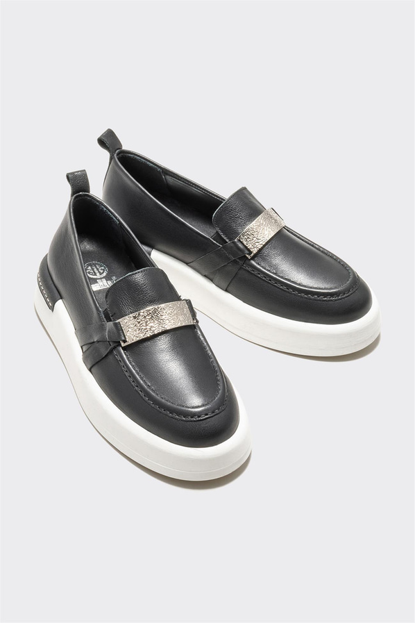 Siyah deri kadın loafer - Elle Shoes