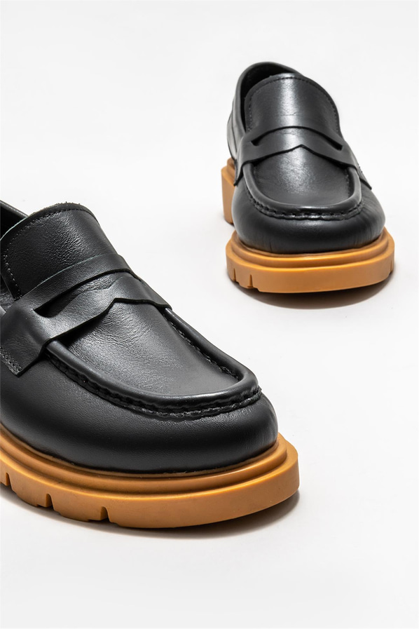 Siyah deri kadın loafer - Elle Shoes
