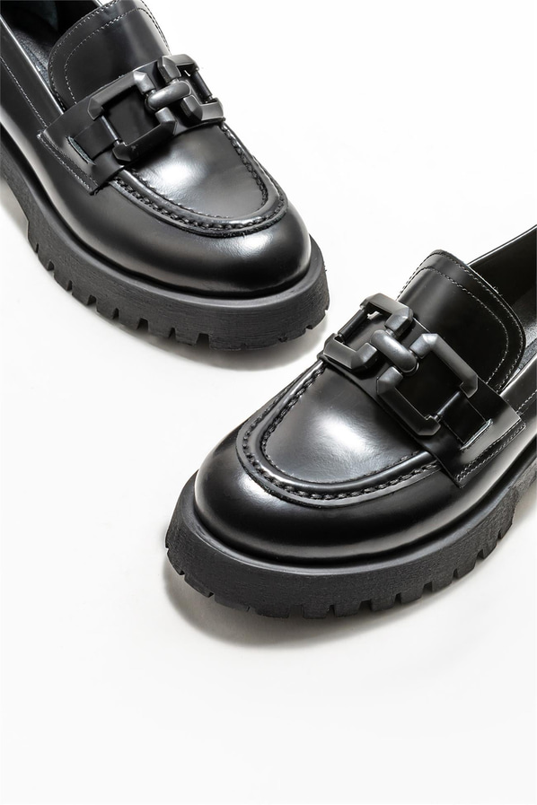 Siyah deri kadın loafer - Elle Shoes