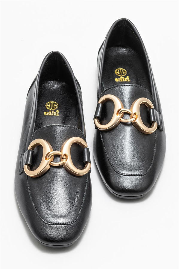 Siyah deri kadın loafer, klasik stil için - Elle Shoes