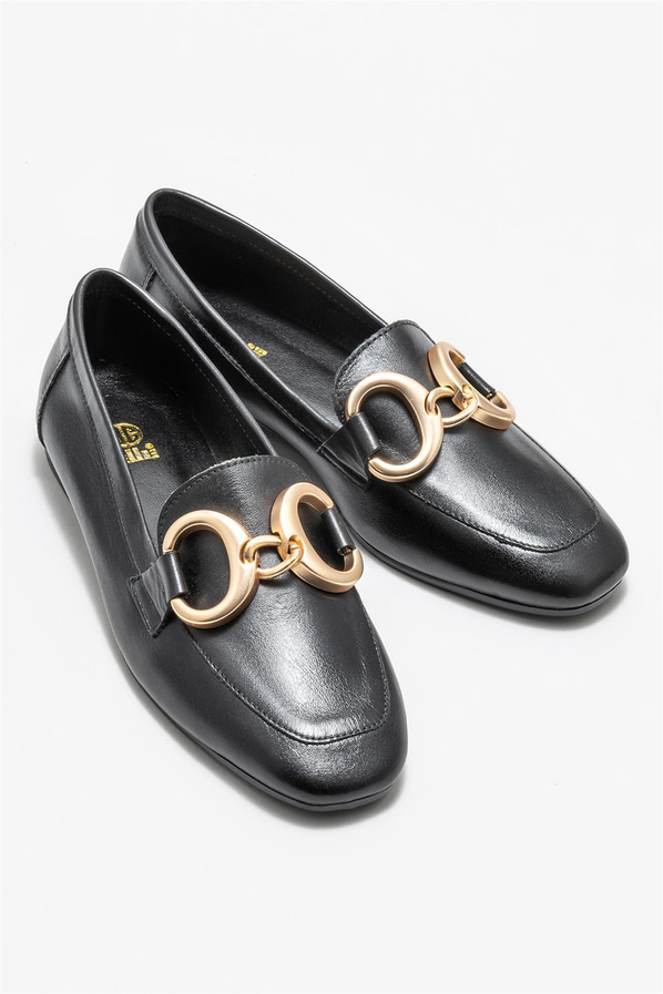 Siyah deri kadın loafer, klasik stil için - Elle Shoes