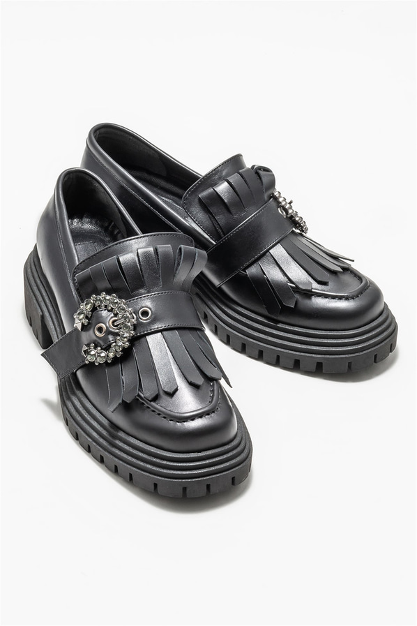 Siyah deri kadın loafer - Elle Shoes
