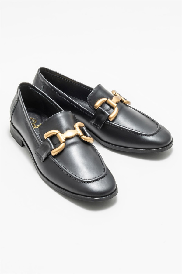 Siyah deri kadın loafer - Elle Shoes