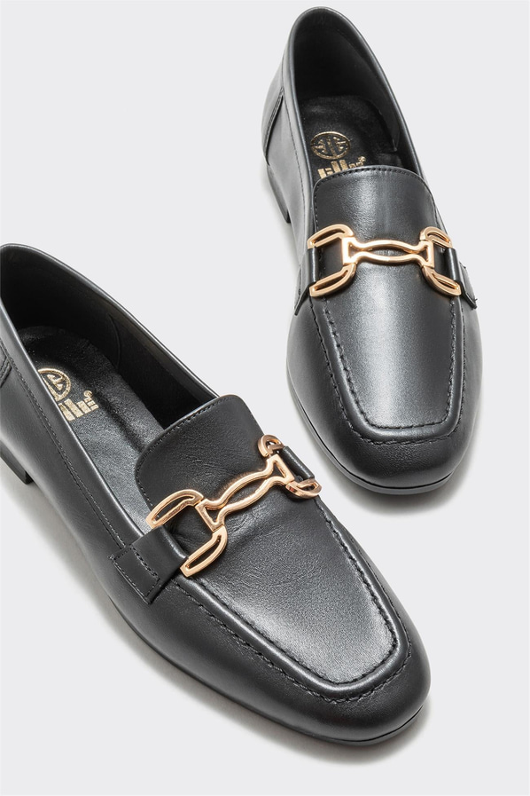 Siyah deri ve süet metalik kadın loafer, klasik stil için - Elle Shoes