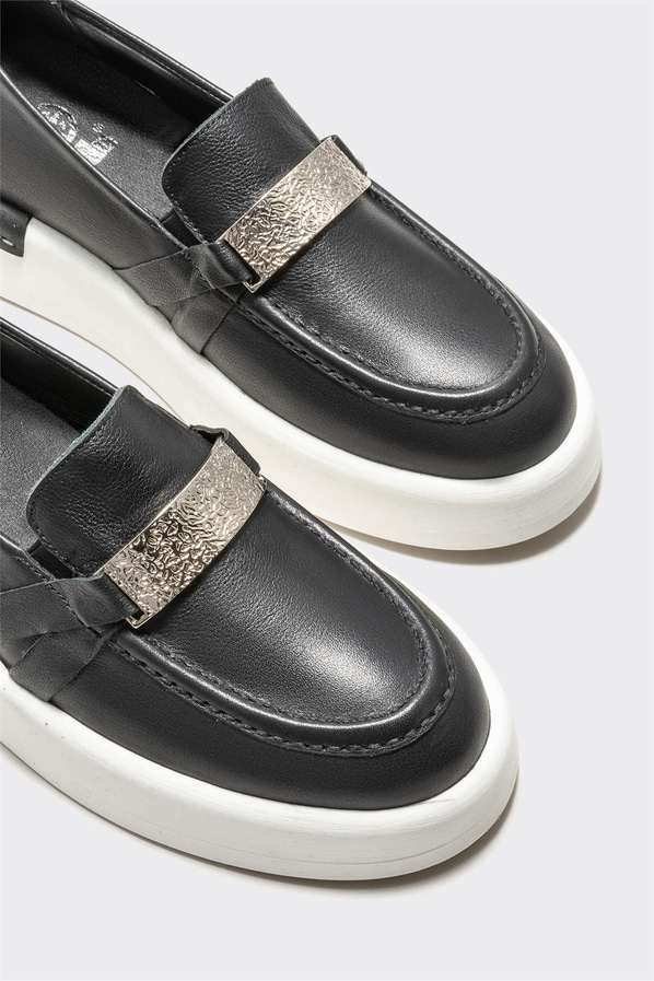 Siyah deri kadın loafer - Elle Shoes