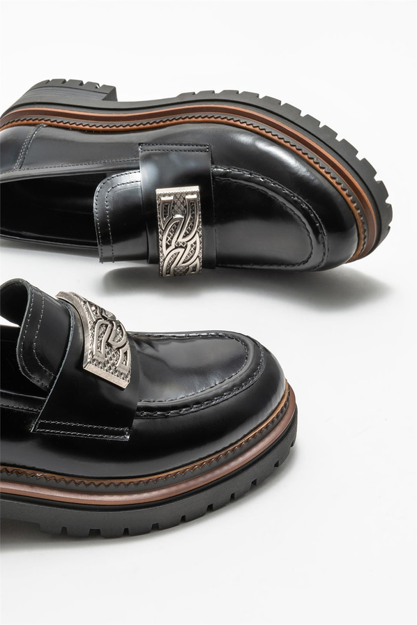 Siyah deri kadın loafer - Elle Shoes