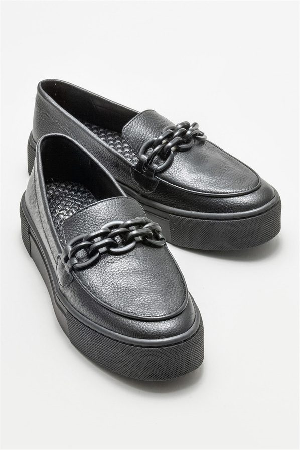 Siyah deri kadın loafer - Elle Shoes