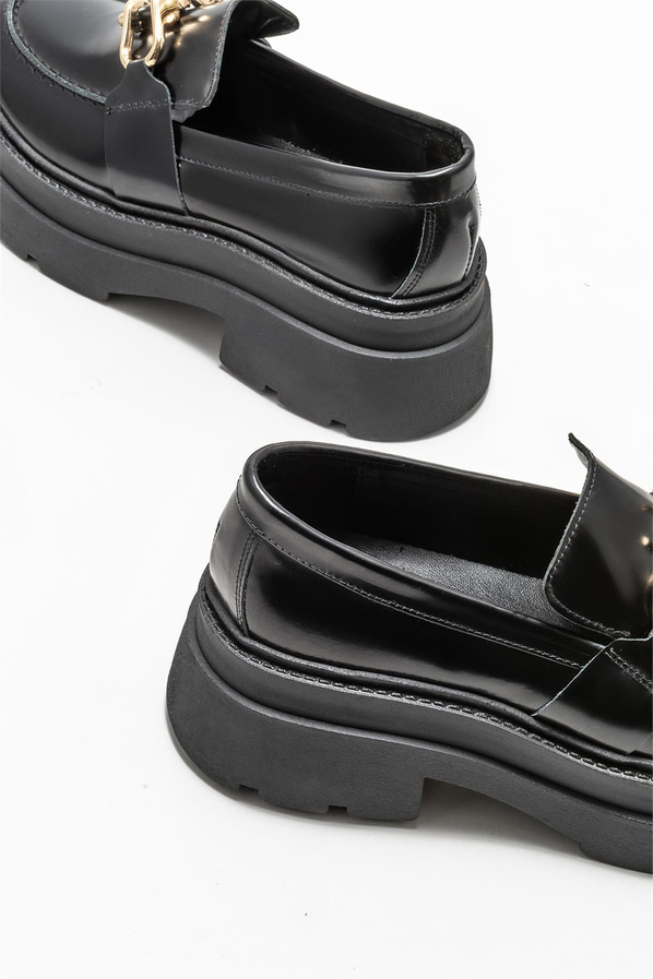 Siyah deri kadın loafer - Elle Shoes