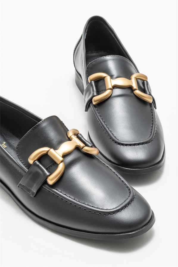 Siyah deri kadın loafer - Elle Shoes