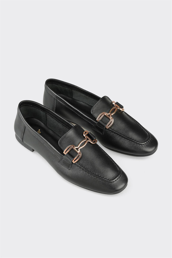 Siyah deri ve süet metalik kadın loafer, klasik stil için - Elle Shoes