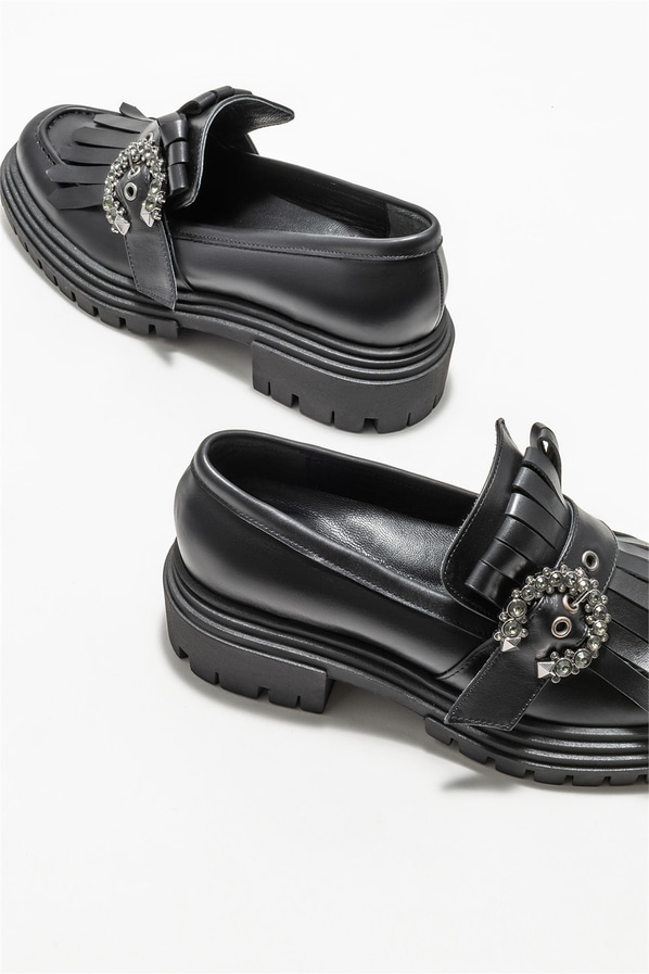 Siyah deri kadın loafer - Elle Shoes