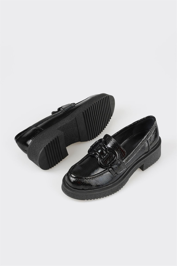 Siyah deri kadın loafer - Elle Shoes