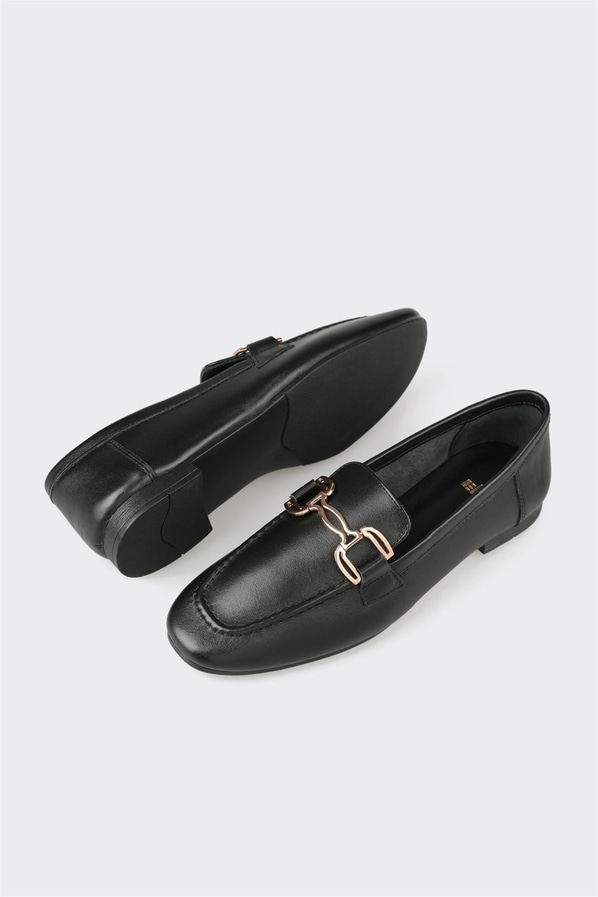 Siyah deri ve süet metalik kadın loafer, klasik stil için - Elle Shoes