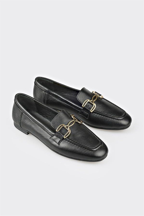 Siyah deri ve süet metalik kadın loafer, klasik stil için - Elle Shoes