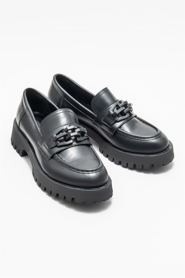 Siyah deri kadın loafer - Elle Shoes