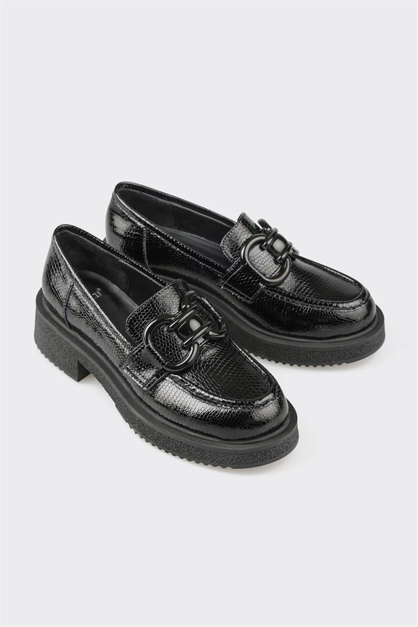 Siyah deri kadın loafer - Elle Shoes