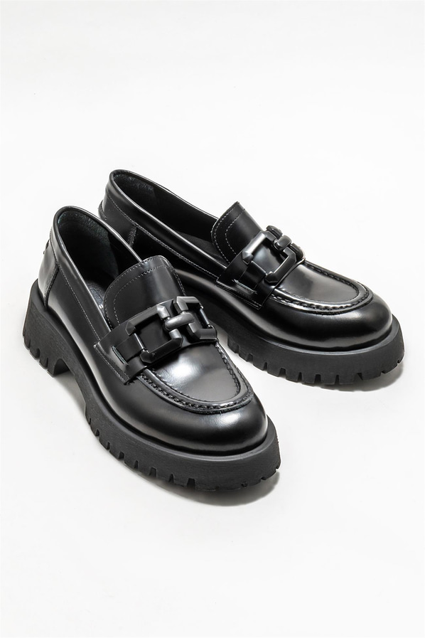 Siyah deri kadın loafer - Elle Shoes