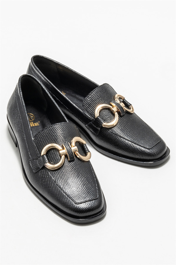 Siyah deri kadın loafer - Elle Shoes