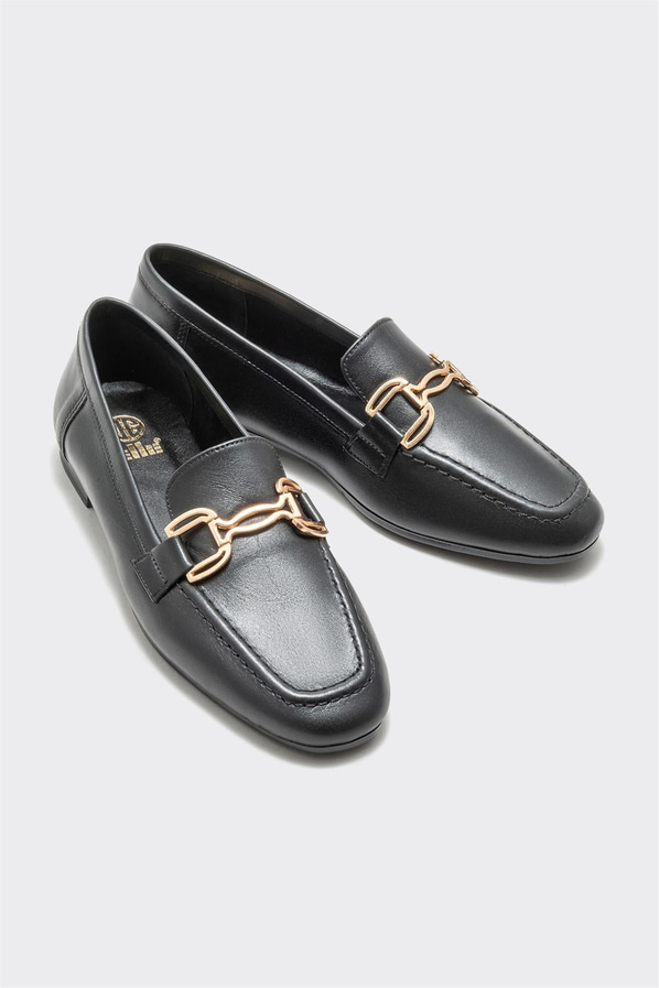 Siyah deri ve süet metalik kadın loafer, klasik stil için - Elle Shoes