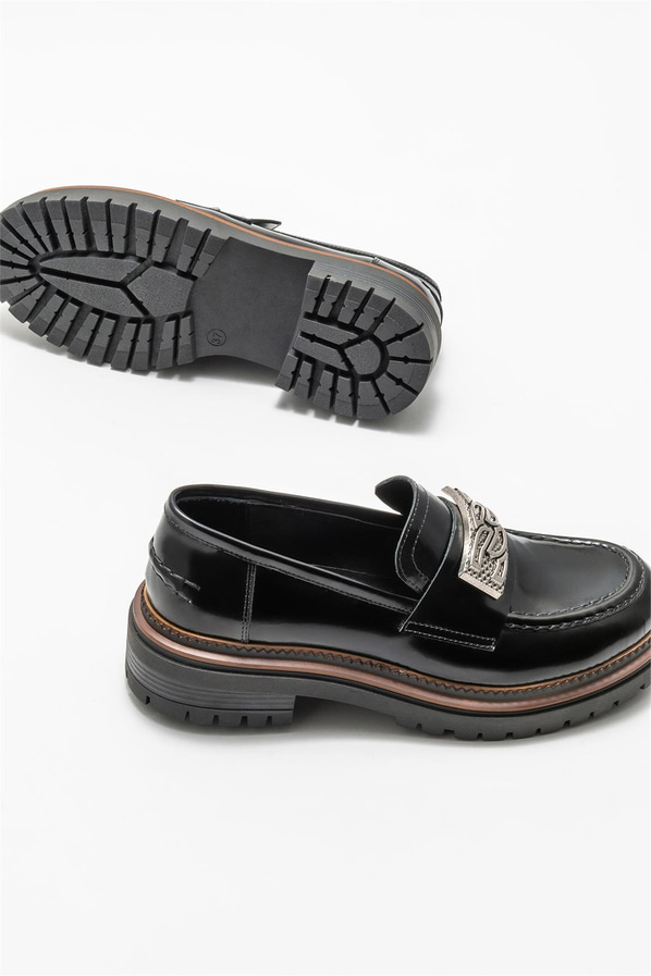 Siyah deri kadın loafer - Elle Shoes
