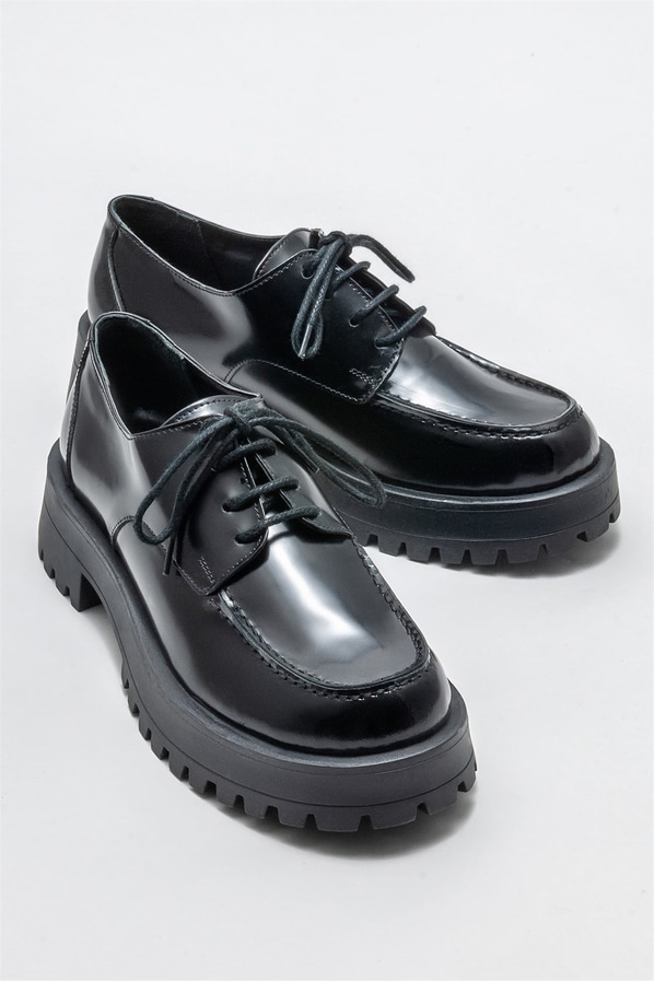 Siyah deri kadın oxford - Elle Shoes