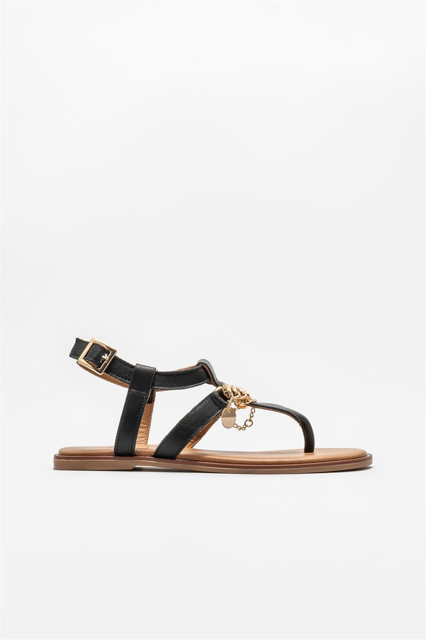 Siyah deri kadın sandalet - Elle Shoes