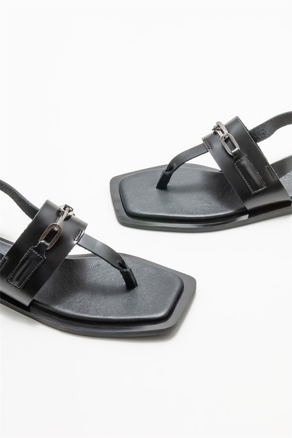 Siyah deri kadın sandalet - Elle Shoes