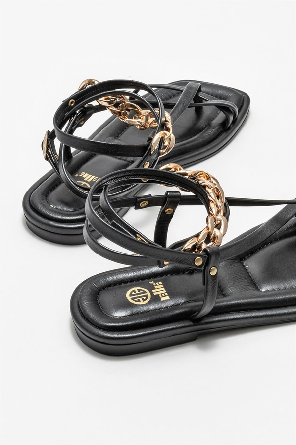Siyah deri kadın sandalet - Elle Shoes