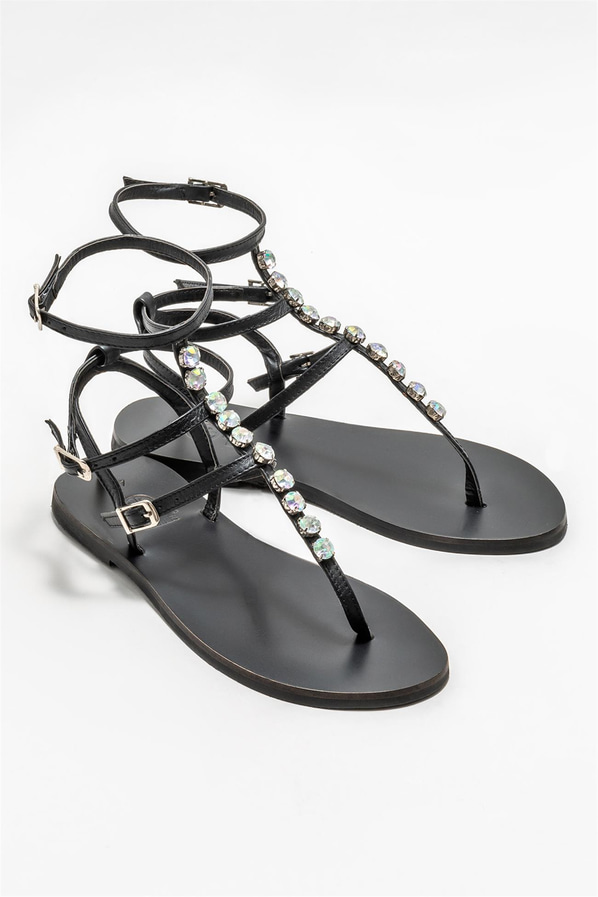 Siyah deri kadın sandalet - Elle Shoes